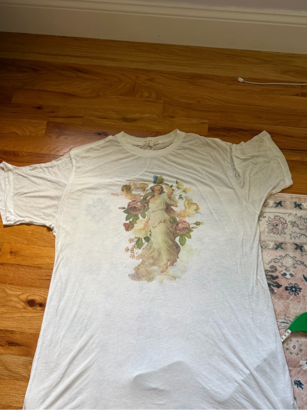 White Short Sleeve Tee with Vintage Angel Floral Graphic